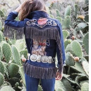 RARE Wrangler Women Loves Quincy Rodeo Quincy Fringe Denim Jacket  Sz M Cowgirl